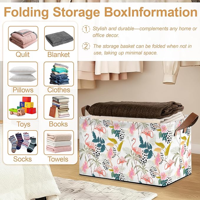 Storage Bin with Handles Forest Pink Flamingo Collapsible Laundry Baskets for Books Laundry - Use in Nursery Closet Organizers and Storage Blanket Basket
