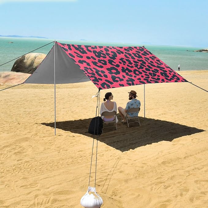 ALAZA Pink Leopard Print Cheetah Beach Tent Sun Shelter UPF50+ Protection Beach Shade Canopy w/ 4 Sandbags for Outdoor Camping Fishing Backyard Fun Picnic 10x9 ft