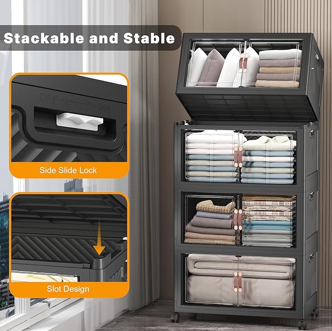 UAMFURI Stackable Storage Bins with Lids Extra Large Plastic Organizer Cabinet Drawers 896QT Collapsible Closet Containers with Doors and WheelsFor Bedroom Office Garage(8Pack Cube)