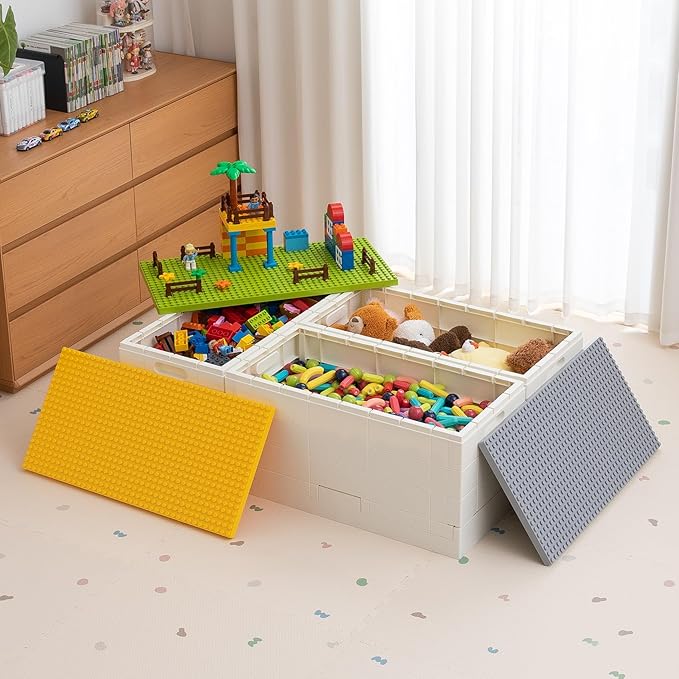 SHIMOYAMA 53 Qt. Folding Storage Box with Large Building Lid for Lego Duplo Blocks 13 Gallon Collapsible Organizer for Lego Bricks (Red)