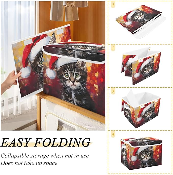 Storage Cube with Lid Cat Christmas Print 16.5×12.6×11.8 IN Collapsible Large Capacity Foldable Storage Basket Bin Organizer