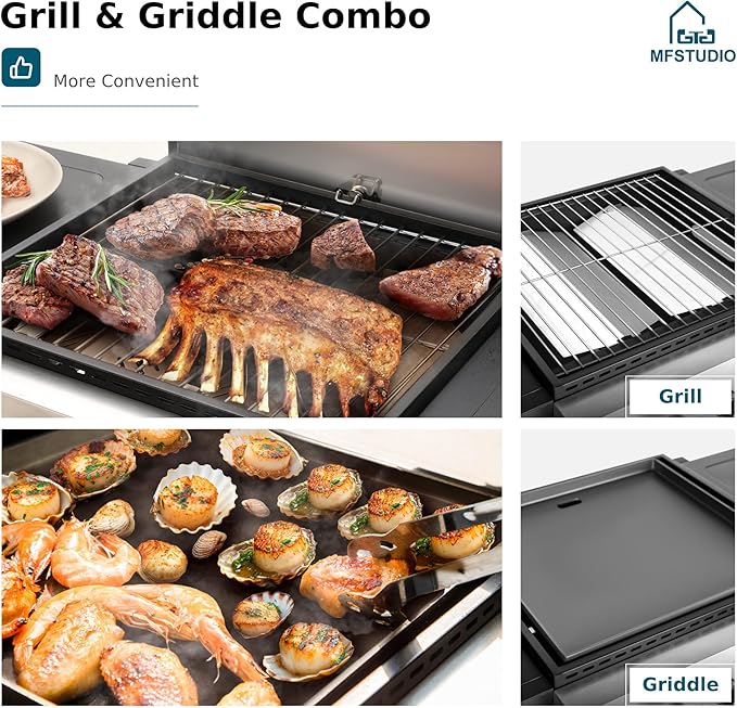 MFSTUDIO 2-Burner Propane Gas BBQ Grill with Cast Iron Griddle Pan 20000 BTU Output Small Barbecue Grill for Outdoor Patio Backyard and Balcony