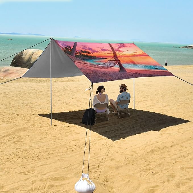 ALAZA Sunset Beach Summer Beach Tent Sun Shelter UPF50+ Protection Beach Shade Canopy w/ 4 Sandbags for Outdoor Camping Fishing Backyard Fun Picnic 10x9 ft