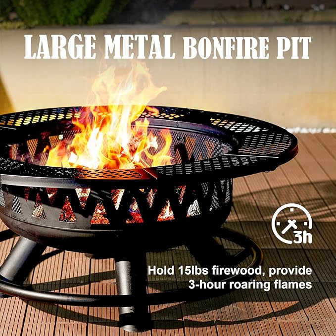 36 Inch Fire Pit with 2 Grills Large Outdoor Firepits for Outside Wood Burning Fireplace for CampingPicnicBonfire 3-in-1 Round Metal Table with Lid for BackyardPatioParty
