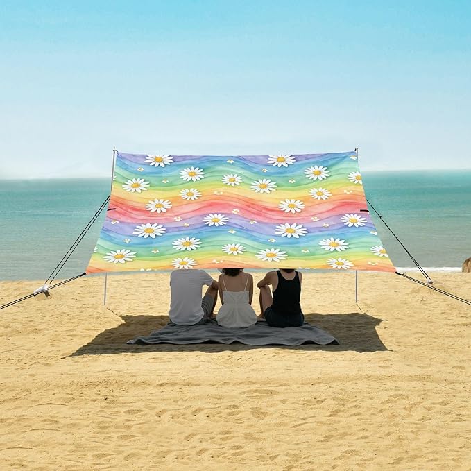 xigua Daisy Beach Tent Sun Shelter with Carrying Bag - Silver Coated Oxford Fabric Beach Canopy for Beach Camping Fishing - Includes Windproof Ropes Sandbags &amp Stakes