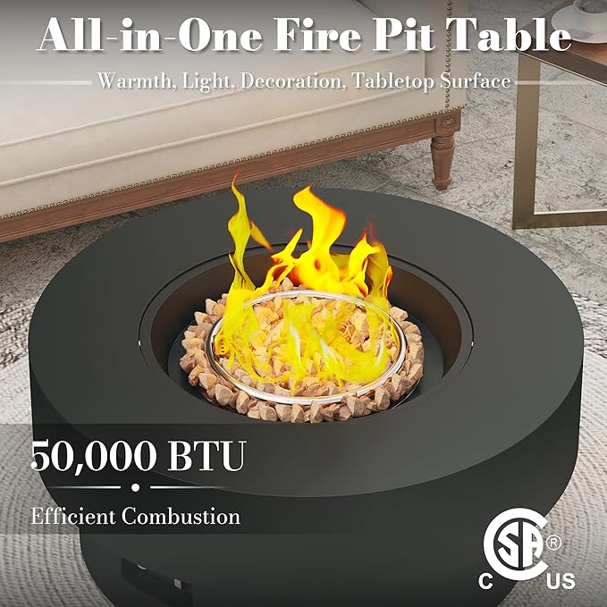 32.5 Inch Propane Fire Pit Table 50000 BTU Round Patio Fire Pit Table Outdoor CSA Certified Stainless Burner with Steel Lid Waterproof Cover &amp Lava Rocks for Backyard Garden Black