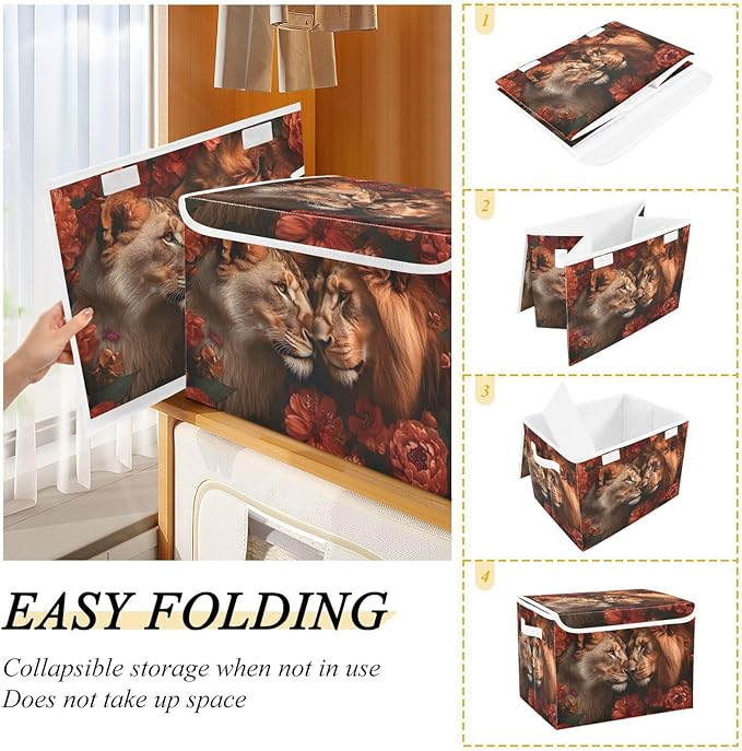 AIXIWAWA Lidded Storage Cube (Lions Love) Fabric Foldable Closet Bins with Flip Lid and Handles Organizer Basket Container 16.5 x 12.6 x 11.8 IN