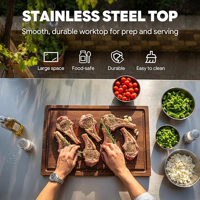 Feasto Outdoor Grill Cart with Storage Cabinet and Stainless Steel Top 35-Inch Outdoor Grill Station with Door Modular Kitchen Island for Food Prep and BBQ Black &amp Silver