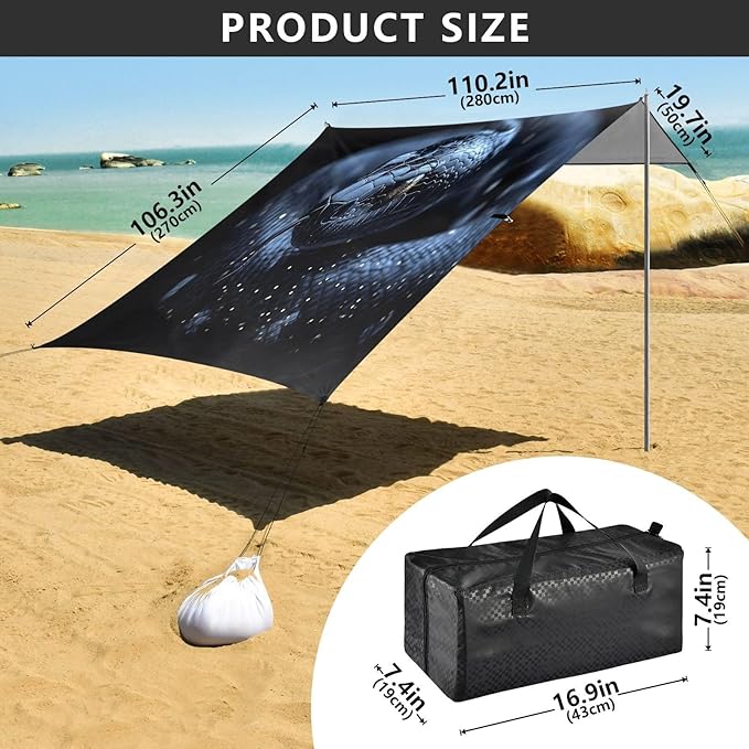 Black Snake Beach Tent Sun Shelter Set UPF50+ UV Protection 10.5 x 9.19 FT Camping Shade Canopy with Sandbags Sand Anchors Carrying Bag and Others