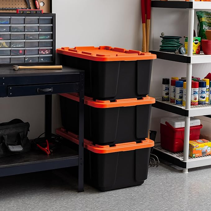IRIS USA 3-Pack 27 Gallon Storage Bins with Lids |Made in USA| Heavy Duty Plastic Tote Containers for Truckbed Tool Box Organization Large - Orange
