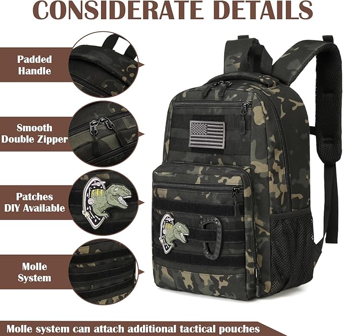 Kids Tactical Backpack Army Molle Bookbag Military Boys Backpack for School Outdoor Camping Black CM