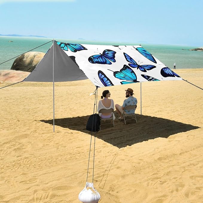 Beach Canopy with Windproof Ropes &amp Sandbags Beach Tent Sun Shade Sun Shelter for Camping Trips Fishing Backyard Fun or Picnics Blue Butterfly