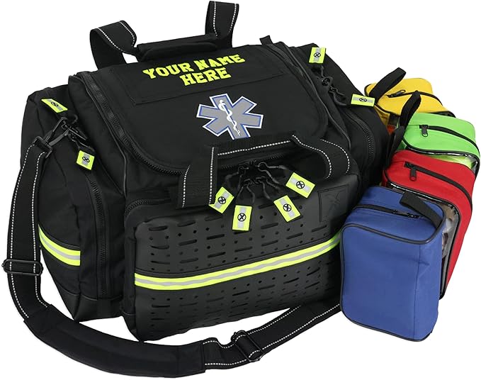 Lightning X Personalized EMT Trauma Bag – Large ALS Medical Bag with 6 Color-Coded Pouches MOLLE Panel Waterproof Bottom Reflective EMS Gear Custom Embroidered Name or Logo | LXMB35