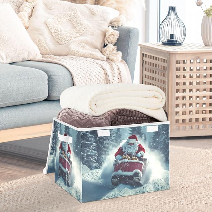 Storage Cube with Lid Skating Santa Christmas Print 16.5×12.6×11.8 IN Collapsible Large Capacity Foldable Storage Basket Bin Organizer