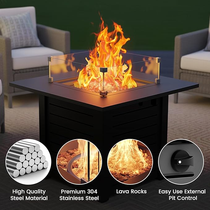28 Inch Outdoor Propane Fire Pit50000 BTU Gas Fire Pit Table with Steel Lid304 Stainless Steel H-BurnerWind GuardFire Pits for Patio DeckBlack