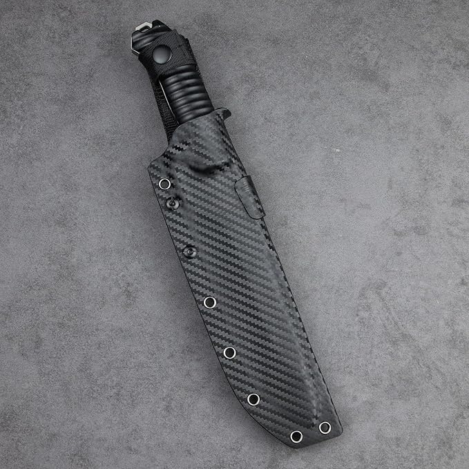 LENGREN【Eggplant 12.8 Inches 7MM THK Full Tang Heavy Fixed Blade Multifunctional Tactical Knife Drop Point DC53 Steel Kydex Sheath For Camping Hiking Hunting (White)