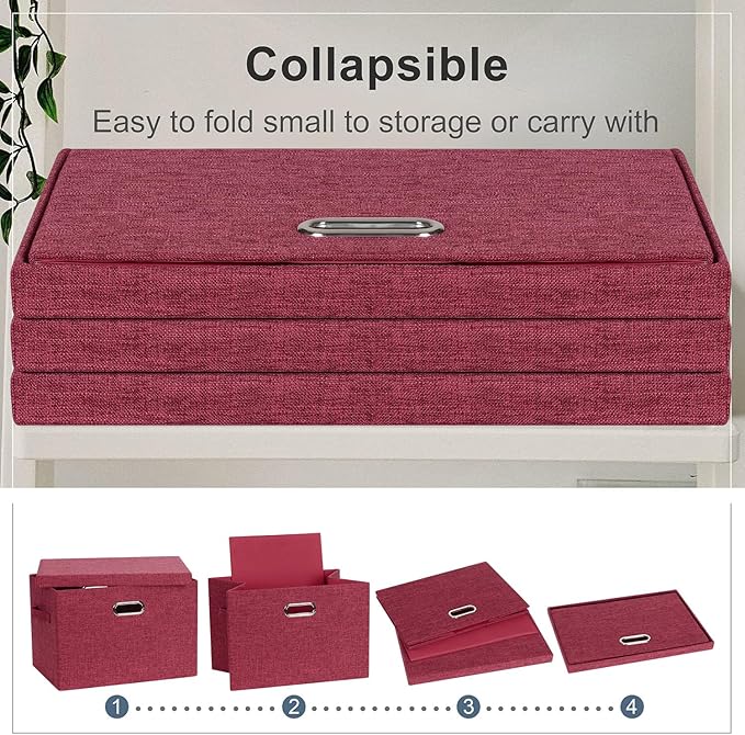 Graciadeco Large 17 36 Quart Collapsible Stackable Storage Bins with Lids 3 Packs Bright Red Linen Fabric Closet Boxes with Lids Storage Cube Baskets Container Organizers for Office (17x12x11)