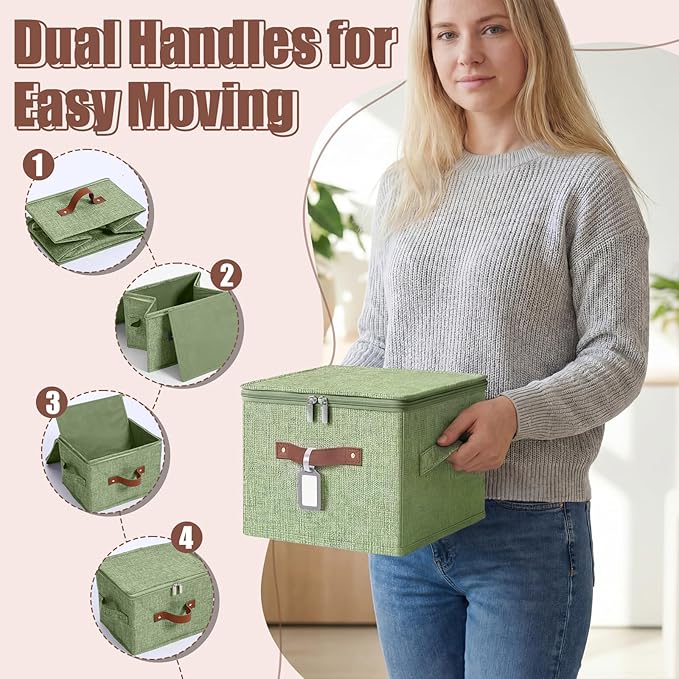 6 Pack Fabric Closet Storage Bins with Zipper Lids and Label 10×8×7In Large Size Foldable Cotton Linen Storage Cubes Boxes with PU Leather Handles Holders for Bedroom Shelf Nursery Green