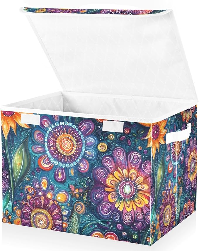 Florals Art Storage Cube Bins Basket with Lid Collapsible Flip-top Fabric with Handle for Home Bedroom Closet Office 16.5×12.6×11.8 in