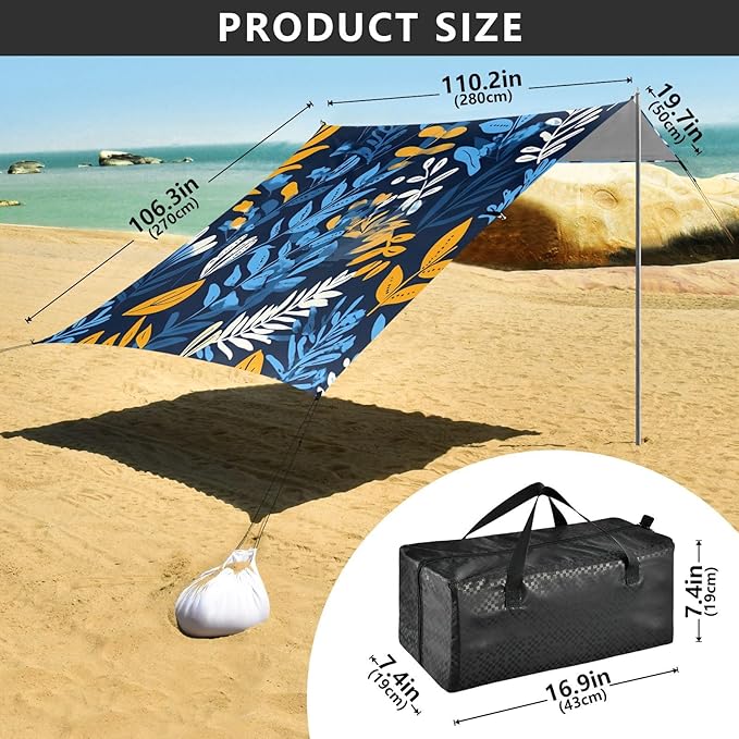 Beach Canopy with Windproof Ropes &amp Sandbags Beach Tent Sun Shade Sun Shelter for Camping Trips Fishing Backyard Fun or Picnics Leaves