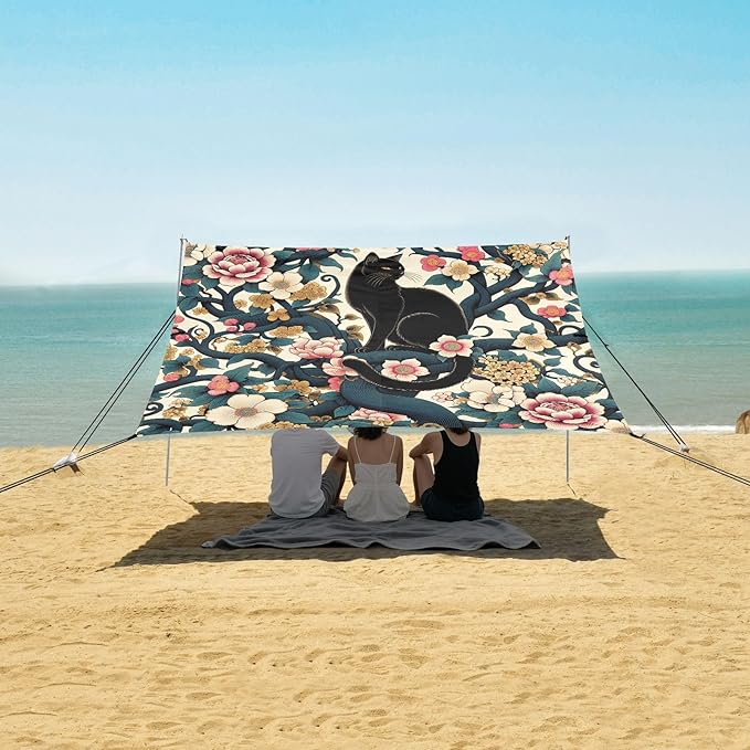 Black Cat and Japanese Flowers Beach Tent Sun Shelter Set UPF50+ UV Protection 10.5 x 9.19 FT Camping Shade Canopy with Sandbags Sand Anchors Carrying Bag and Others