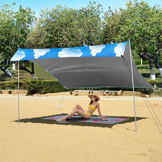 xigua Waves Beach Tent Sun Shelter with Carrying Bag - Silver Coated Oxford Fabric Beach Canopy for Beach Camping Fishing - Includes Windproof Ropes Sandbags &amp Stakes