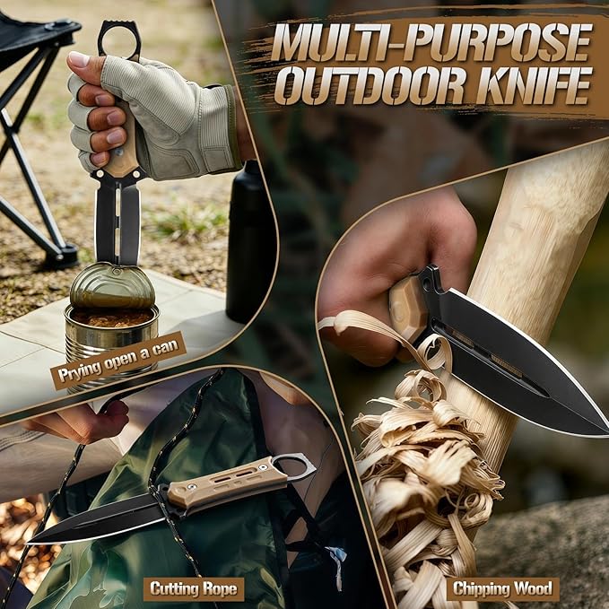Freelander Fixed Blade Knife with Sheath - D2 Steel Survival Knife Full Tang Camping Knives with Anti-Slip Grip Handle for Bushcraft &amp Outdoor Adventures Gifts for Men Khaki