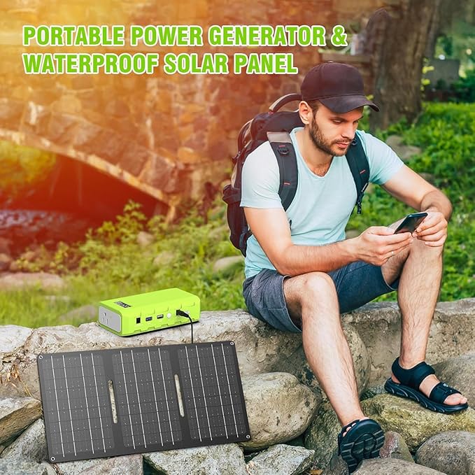 powkey 24000mAh/65W Solar Generator 30W with Panels Included 88Wh Portable Power Station with AC Outlet Lithium Battery Rechargeable Powered Bank with 110V AC Outlet for Emergency (Green+Black)