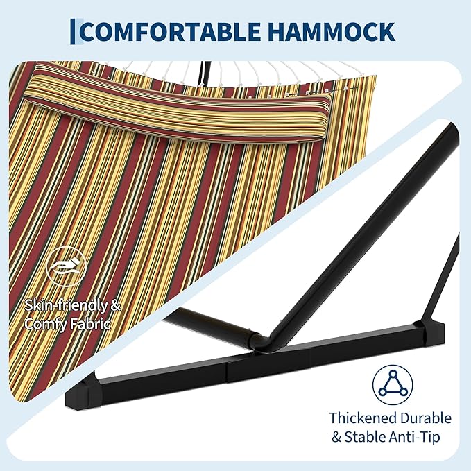 2 Person Double Hammock with Stand &amp Pillow 450 LBS Heavy Duty Outdoor Hammock with Balance Rope for Patio Backyard Poolside