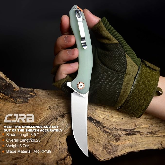 CJRB Small Folding Pocket Knife with Stonewash AR-RPM9 Steel Blade and G10 Handle Tactical Knife for Men Womens EDC Outdoor Survival Camping Hunting Hiking Gobi(J1906) Natural Green