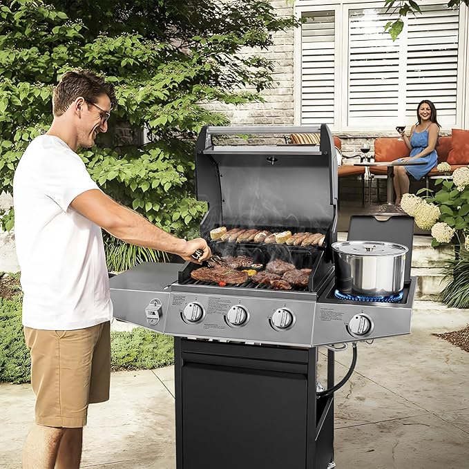 Lyromix 3 Burners Gas Grill with Side Burner Propane Grill with Wheels and Storage Outdoor Gas BBQ with Oil Tray and Thermometer for Patio and Party 37000 BTU