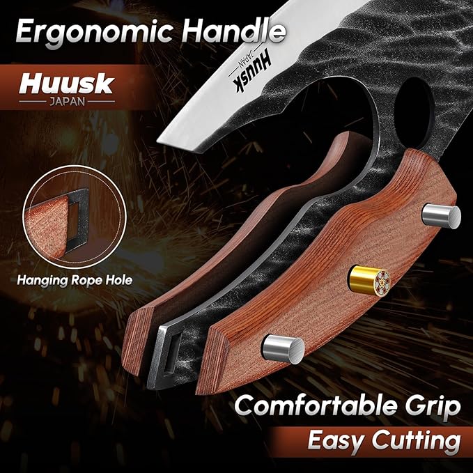 Huusk Japan Ulu Knife with Sheath - Christmas Gift for Men and Women - Hand Forged Caveman Ultimo Knife with Full Tang Wooden Handle - BBQ Knives for Vegetables Fruit Pizza