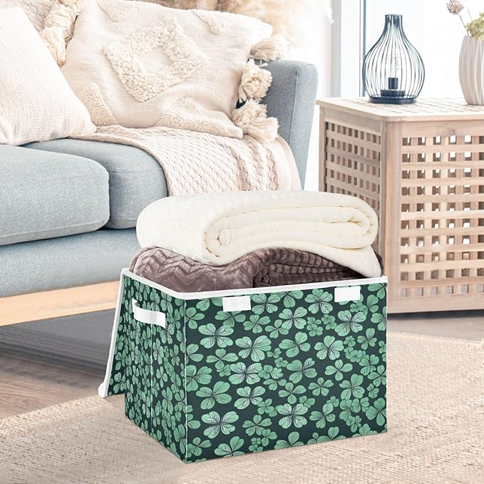 Shamrock Storage Baskets with Lids Collapsible Bins Stackable Fabric Linen Baskets St. Patrick's Day Closet Organizer Container 16.5x12.6x11.8