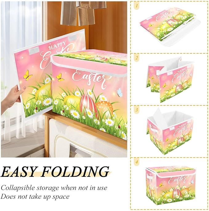 senya Easter Storage Baskets Collapsible Storage Bins with Lids Happy Easter Eggs and Butterfly Storage Boxes Clothes Baskets for Organizing