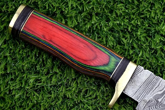 8-Inch Hand-Forged Damascus Steel Hunting Knife Fixed Blade Skinning Design with Leather Sheath Multicolor Wood Handle Brass Guard Twist Pattern Blade for Camping (Multi Color)