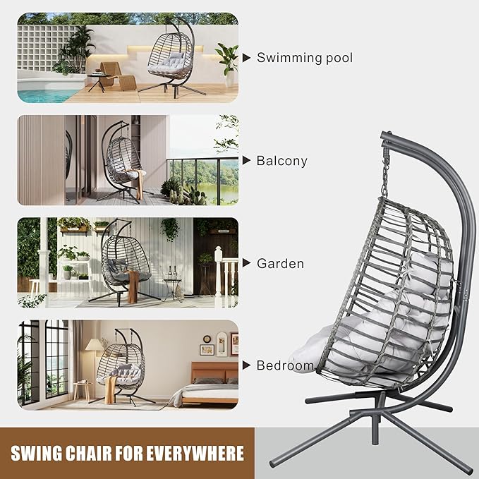 Double Hanging Egg Chair wth Stand Patio Hammock Swing Chair with Cushion Loveseat for Bedroom Balcony Garden Indoor Outdoor