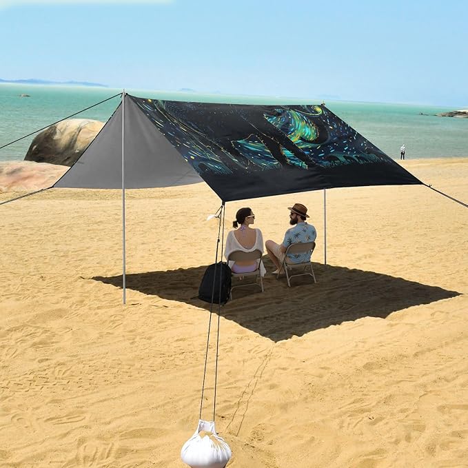 ALAZA Elephant Starry Sky Beach Tent Sun Shelter UPF50+ Protection Beach Shade Canopy w/ 4 Sandbags for Outdoor Camping Fishing Backyard Fun Picnic 10x9 ft