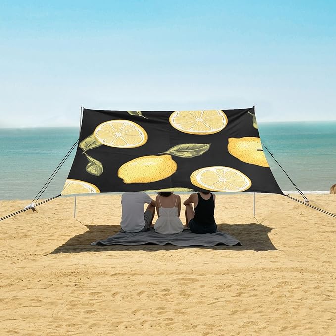 ALAZA Lemons Black Background Pattern Beach Tent Sun Shelter Portable Canopy Sunshade for Outdoor Camping Picnics Backyard Fun 10x9 ft