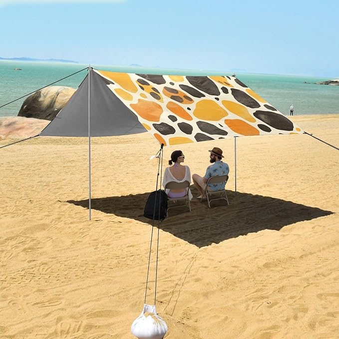 Leopard Print Pattern Yellow Beach Tent &amp Canopy UPF50+ Protection Water-Resistant Portable Sun Shelter Includes Sand Shovel Sandbags Stability Poles for Family Trips Picnics &amp Camping