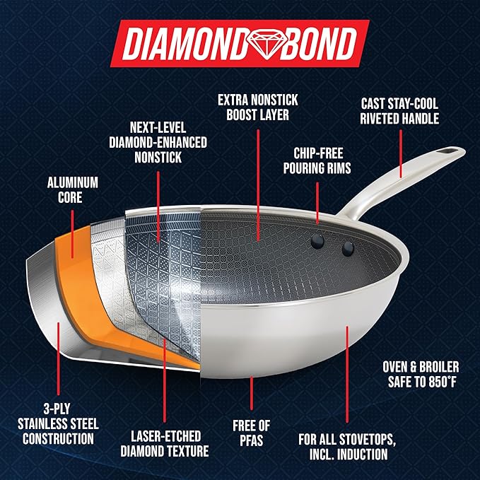 Blue Diamond Hybrid Nonstick Stainless Steel 10” Frying Pan PFAS-Free Ceramic Diamond Surface Skillet Diamond Bond Powerful Searing Dishwasher Safe Stay-Cool Handle Induction Ready All Cooktops