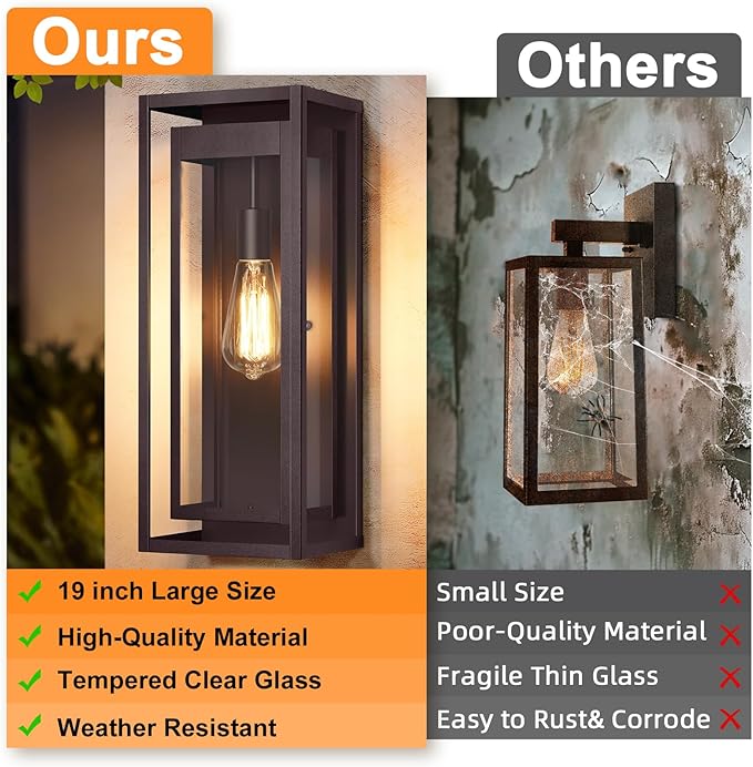 Large Outdoor Wall Sconce 2 Pack 19 Bronze Outdoor Light Fixture Exterior Lighting Fixtures Anti-Rust Porch Lights with Clear Glass for Front Door Garage