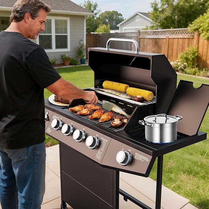 4 Burner Propane Gas Grill Output 50000 BTU Outdoor BBQ Gas Grill with Side Burner Built-in Thermometer &amp Wheels Outdoor Cooking for Patio Backyard BBQ
