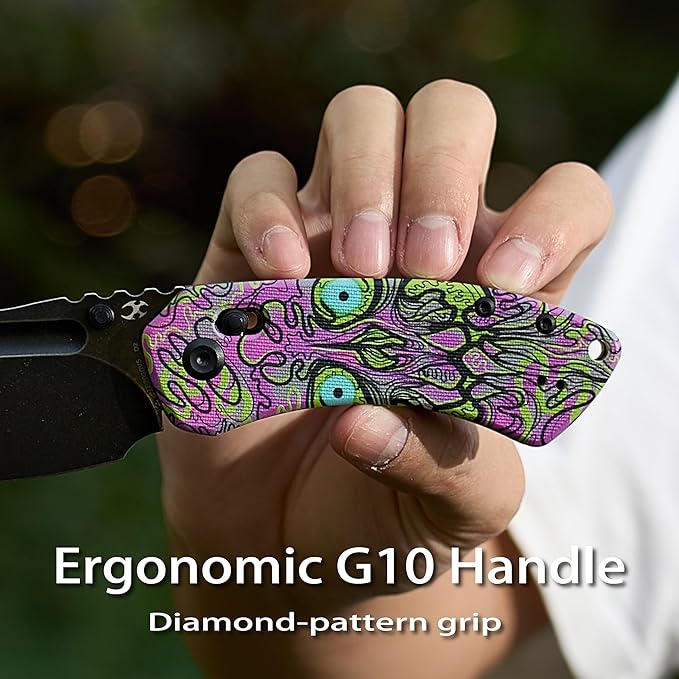 KANSEPT Korvid V Pocket Knife 2.91'' America Blackwash D2 Blade Jade G10 with Purple Undead Print Handle Thumb Stud with Crossbar Lock Double Sided Clip for EDC Camping Folding Knives TE2030V5