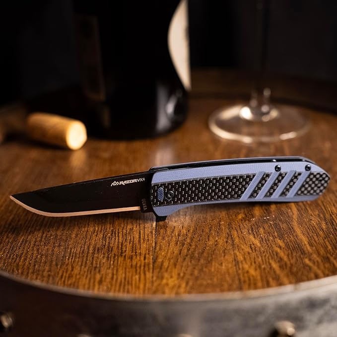 OUTDOOR EDGE Razor VX4 | Carbon Fiber Over Blue G10 with Black Drop Point | Replaceable Blade EDC Folding Pocket Knife | 3 Blade Ceramic Ball Bearings Reversible Pocket Clip