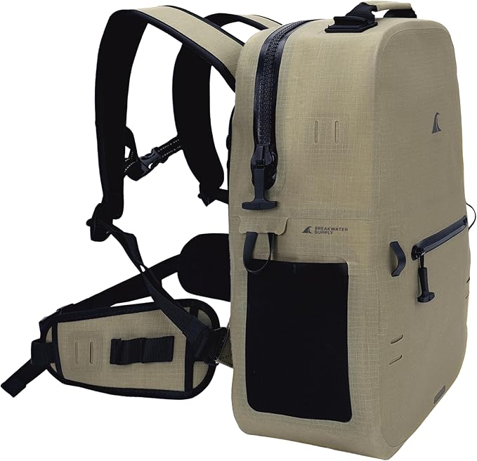 Breakwater Supply™ River Ute Waterproof IP68 Hunting Backpack Floating TPU Submersible Dry Bag with Padded Hip Belt and Airtight Zippers | 20L (River Ute 20L CORDURA Safari Tan)