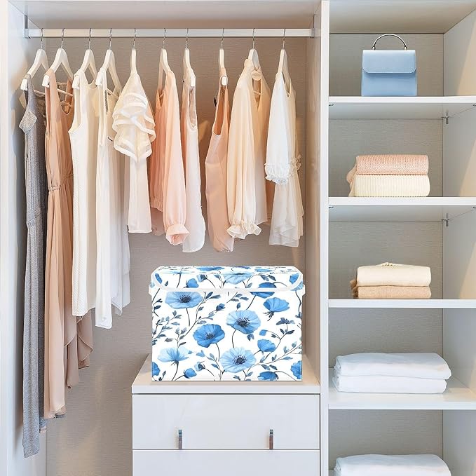 Blue Poppy Flowers and Branches Collapsible Storage Bins with Lids Decorative Fabric Cubes Closet Organizer Basket Boxes Containers for Clothes Box Chest Folding Rectangle