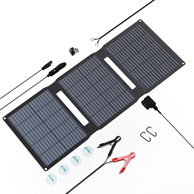 FlexSolar 28W Foldable Solar Panel Trickle Charger Maintainer Kits - 12V DC &amp QC3.0 USB Output with Built-in Controller Includes Cigarette Lighter Alligator Clips O-RingsOBDII Connector