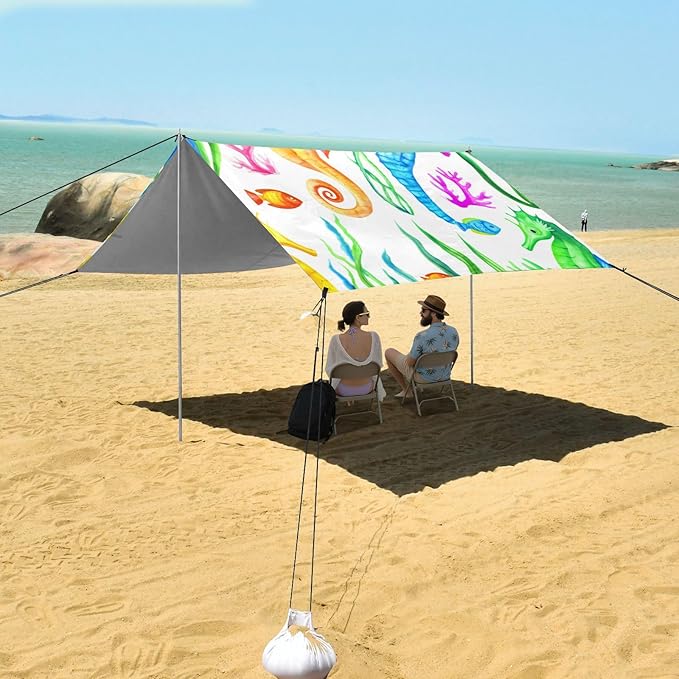 Beach Canopy with Windproof Ropes &amp Sandbags Beach Tent Sun Shade Sun Shelter for Camping Trips Fishing Backyard Fun or Picnics Seahorses