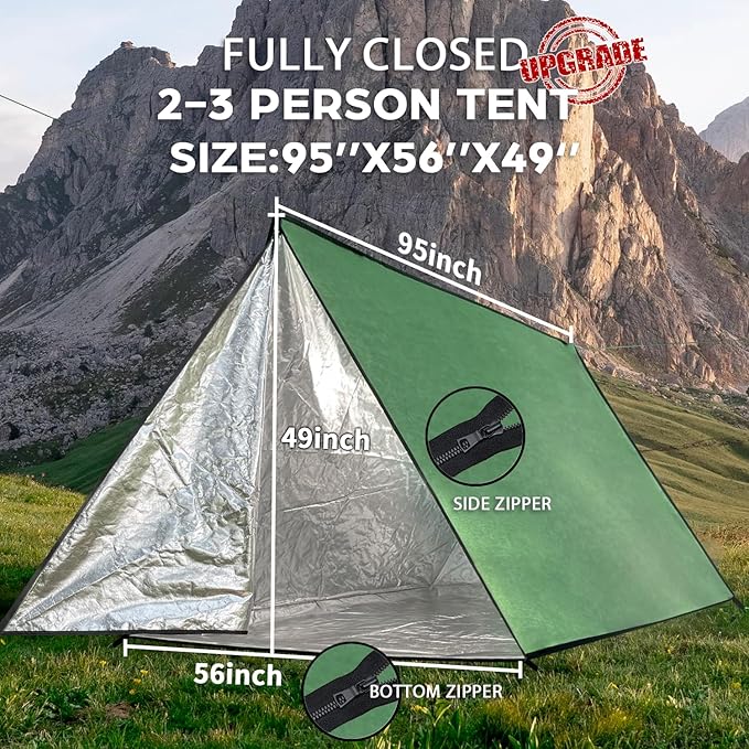 LYN Extra Large Zipper Reusable Survival Emergency Shelter TentThermal Waterproof Fireproof Lightweight Bugout with Paracord✚Stake for CampingFirst AidHiking&ampBushcraft