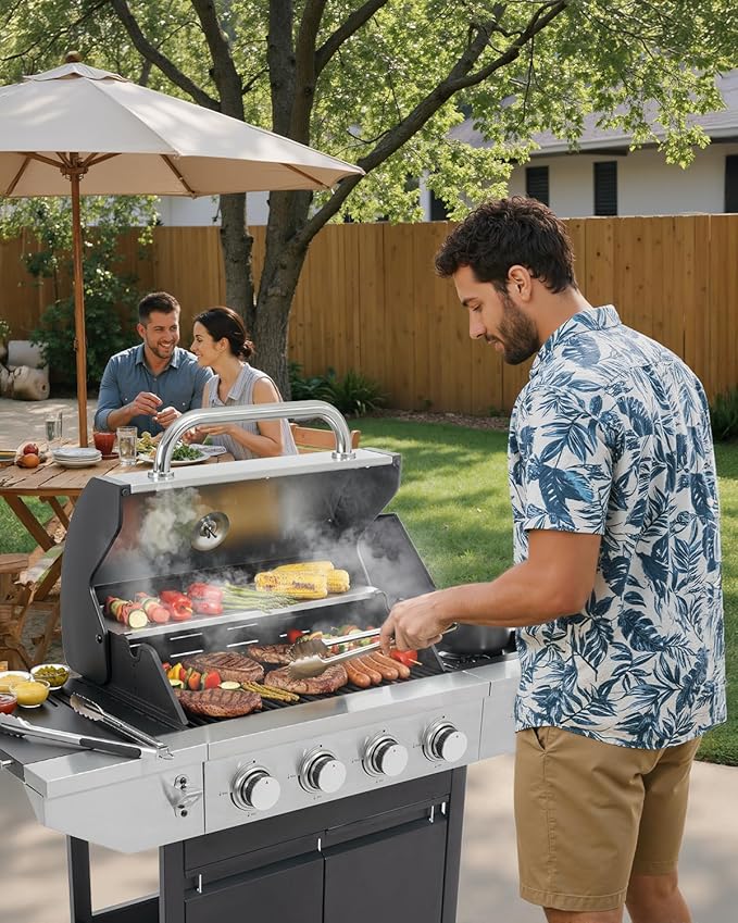 EUHOME 4-Burner Propane Gas BBQ Grill with Side Burner 46500 BTU Output Stainless Steel Barbecue Grill with Enameled Cast Iron Grates and Side Tables for Outdoor Cooking Kitchen and Patio Backyard